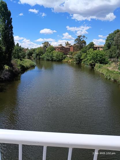 View from the suspension bridge: peaceful river, edged with trees of different shades of green, blue sky with fluffy white clouds