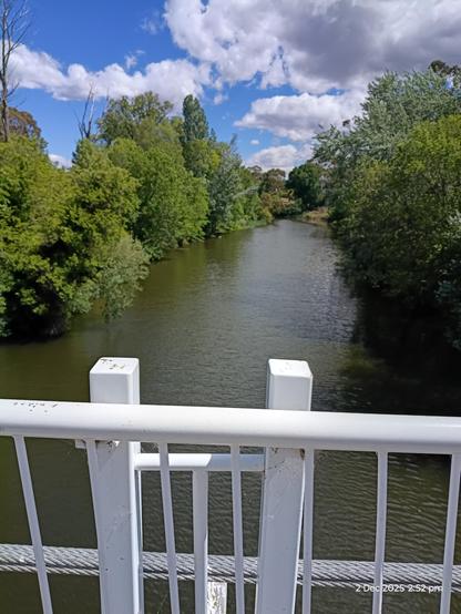 View from the suspension bridge: peaceful river, edged with trees of different shades of green, blue sky with fluffy white clouds
