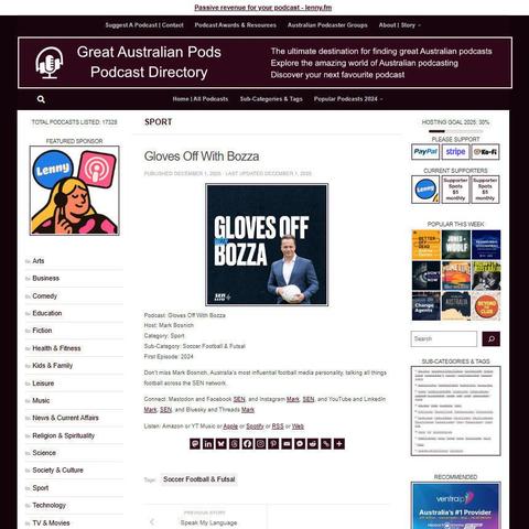 Gloves Off With Bozza
Screenshot of the podcast listing on the Great Australian Pods website