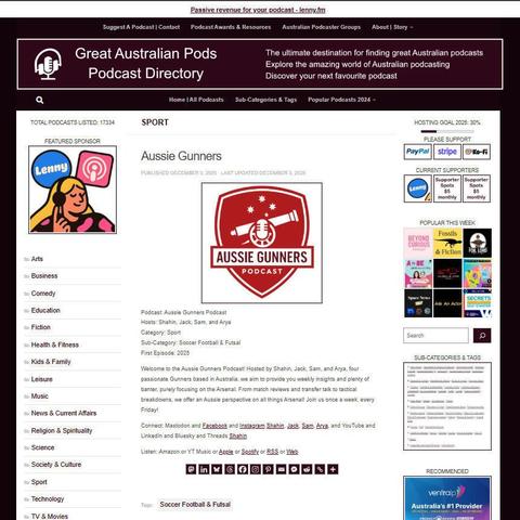 Aussie Gunners Podcast
Screenshot of the podcast listing on the Great Australian Pods website
