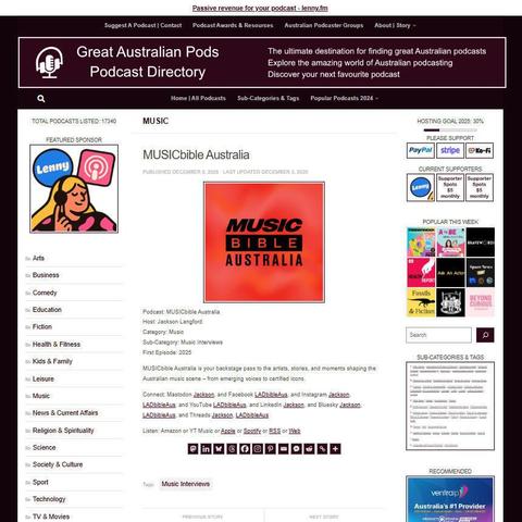 MUSICbible Australia
Screenshot of the podcast listing on the Great Australian Pods website