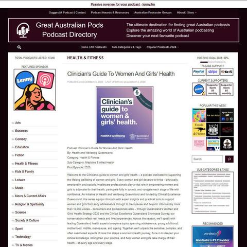 Clinician's Guide To Women And Girls' Health
Screenshot of the podcast listing on the Great Australian Pods website