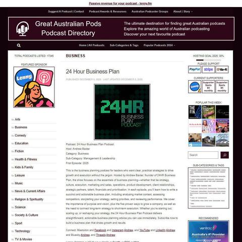 24 Hour Business Plan Podcast
Screenshot of the podcast listing on the Great Australian Pods website