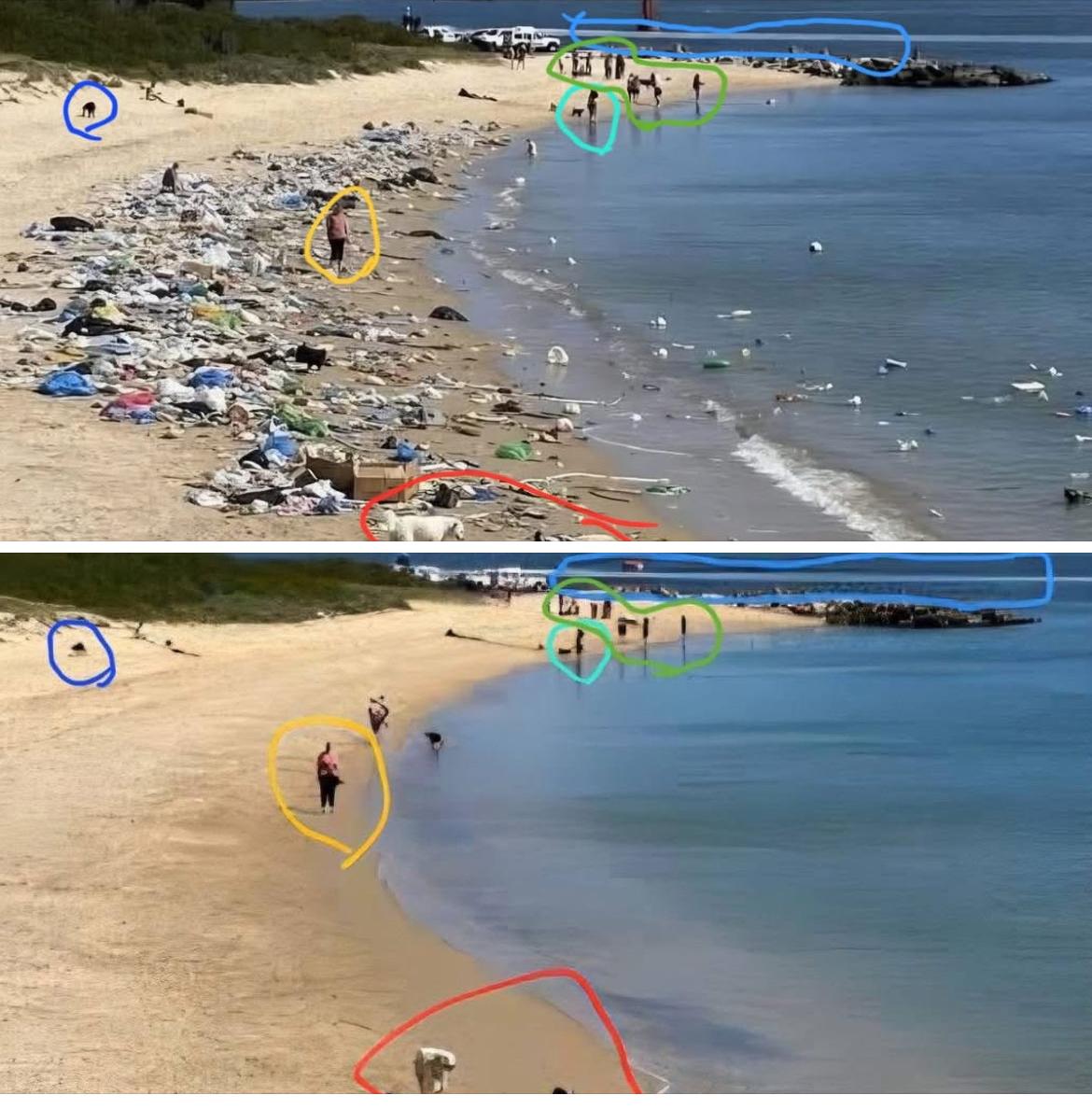Horseshoe Beach clean vs with ai-generated rubbish all over it.