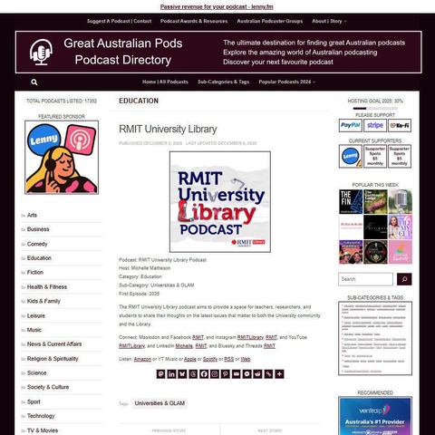 RMIT University Library Podcast
Screenshot of the podcast listing on the Great Australian Pods website