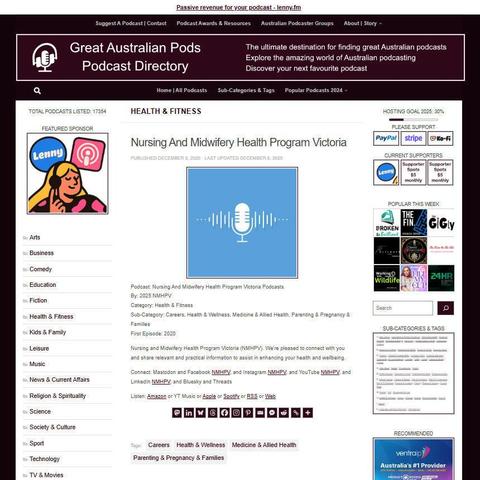 Nursing And Midwifery Health Program Victoria Podcasts
Screenshot of the podcast listing on the Great Australian Pods website