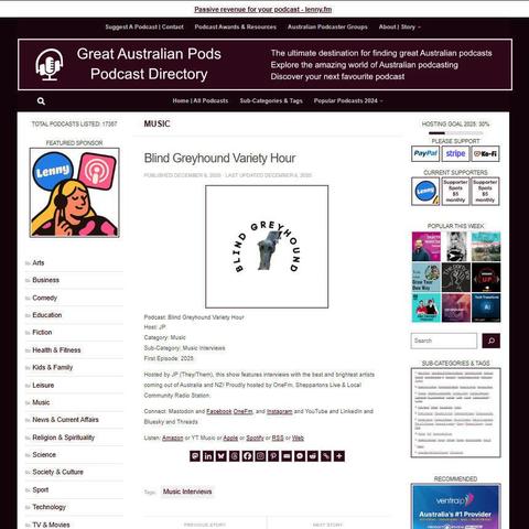 Blind Greyhound Variety Hour
Screenshot of the podcast listing on the Great Australian Pods website