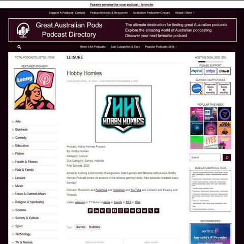 Hobby Homies Podcast 
Screenshot of the podcast listing on the Great Australian Pods website
