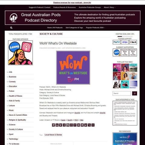 WoW - What's On Westside
Screenshot of the podcast listing on the Great Australian Pods website