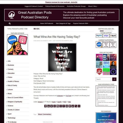 What Wine Are We Having Today Ray?
Screenshot of the podcast listing on the Great Australian Pods website