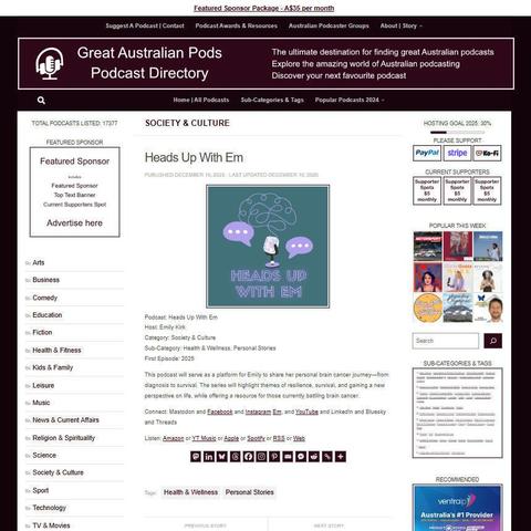 Heads Up With Em
Screenshot of the podcast listing on the Great Australian Pods website