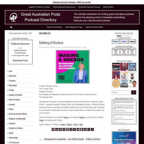 Making A Ruckus
Screenshot of the podcast listing on the Great Australian Pods website