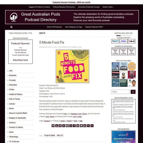 5 Minute Food Fix
Screenshot of the podcast listing on the Great Australian Pods website