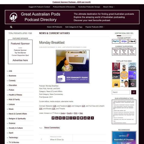 Monday Breakfast
Screenshot of the podcast listing on the Great Australian Pods website