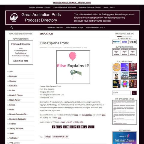Elise Explains IPcast
Screenshot of the podcast listing on the Great Australian Pods website