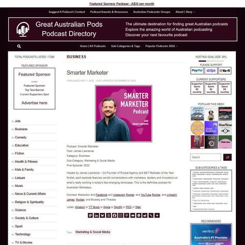 Smarter Marketer
Screenshot of the podcast listing on the Great Australian Pods website