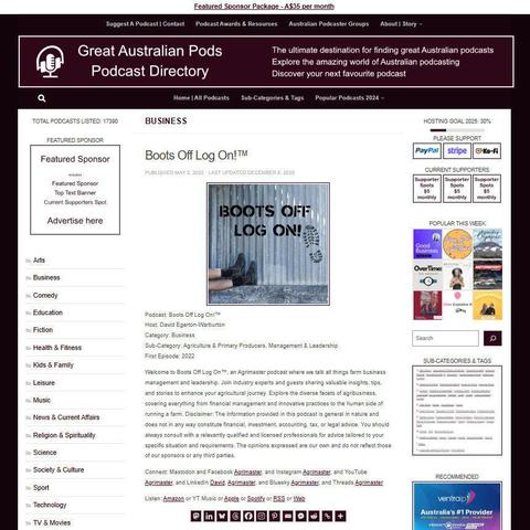 Boots Off Log On!™
Screenshot of the podcast listing on the Great Australian Pods website