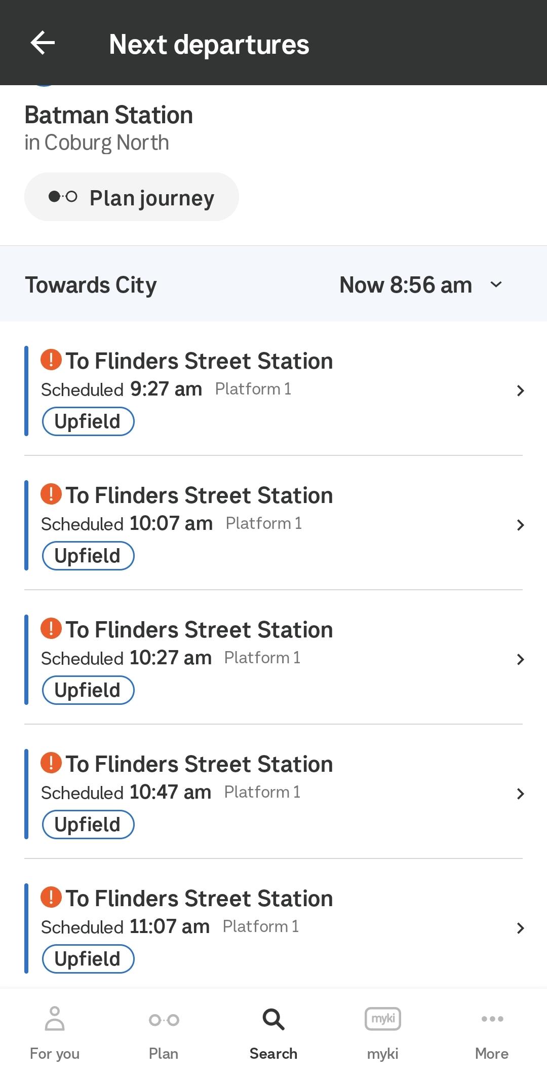 timetable for Batman station towards the city