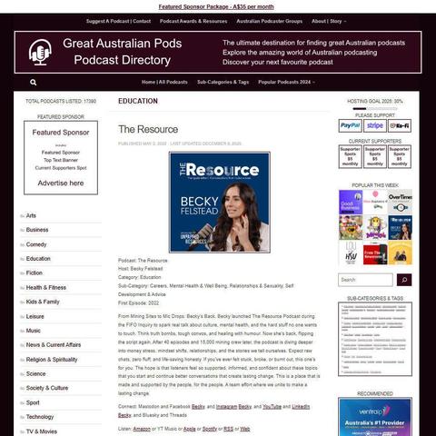 The Resource
Screenshot of the podcast listing on the Great Australian Pods website