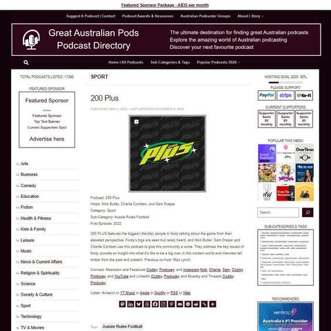 200 Plus 
Screenshot of the podcast listing on the Great Australian Pods website
