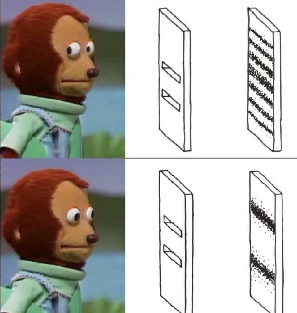 Awkward puppet monkey looks away and the double slit experiment creates a waveform interference pattern, but when the awkward monkey puppet looks at the experiment, the interference pattern disappears.