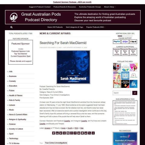 Searching For Sarah MacDiarmid
Screenshot of the podcast listing on the Great Australian Pods website