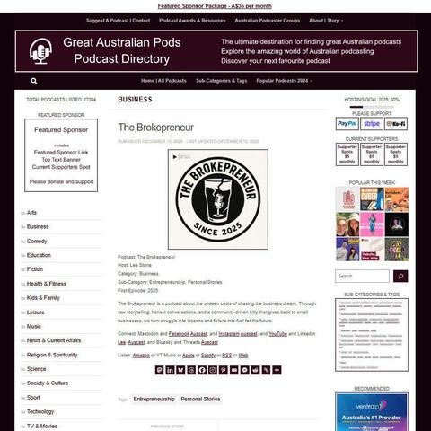 The Brokepreneur
Screenshot of the podcast listing on the Great Australian Pods website
