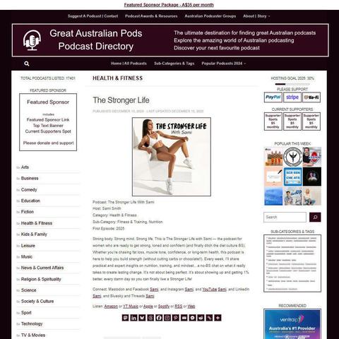 The Stronger Life With Sami
Screenshot of the podcast listing on the Great Australian Pods website