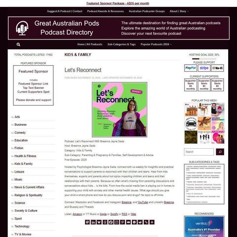 Let's Reconnect With Breanna Jayne Sada
Screenshot of the podcast listing on the Great Australian Pods website