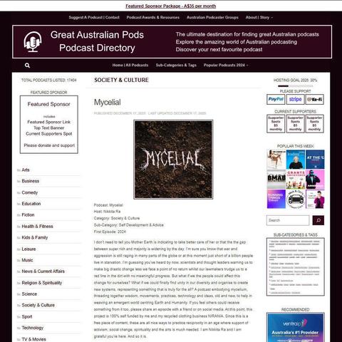 Mycelial
Screenshot of the podcast listing on the Great Australian Pods website