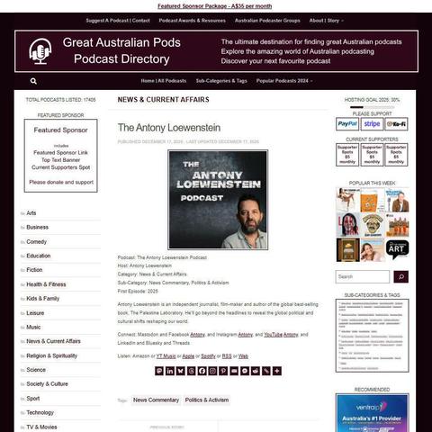 The Antony Loewenstein Podcast
Screenshot of the podcast listing on the Great Australian Pods website