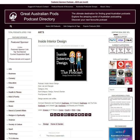 Inside Interior Design
Screenshot of the podcast listing on the Great Australian Pods website