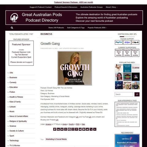 Growth Gang With The Lily Holmes 
Screenshot of the podcast listing on the Great Australian Pods website