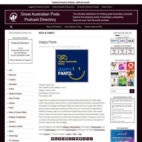 Happy Pants 
Screenshot of the podcast listing on the Great Australian Pods website