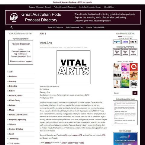 Vital Arts Podcast
Screenshot of the podcast listing on the Great Australian Pods website