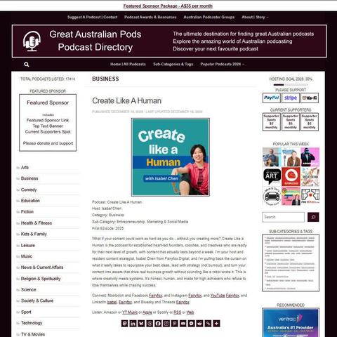 Create Like A Human
Screenshot of the podcast listing on the Great Australian Pods website