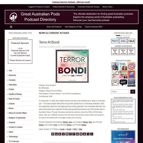 Terror At Bondi
Screenshot of the podcast listing on the Great Australian Pods website