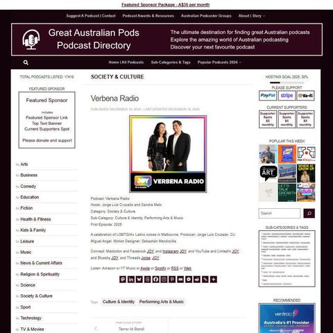 Verbena Radio
Screenshot of the podcast listing on the Great Australian Pods website
