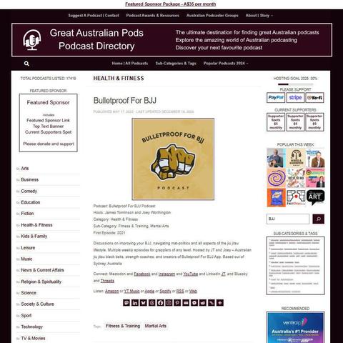 Bulletproof For BJJ Podcast
Screenshot of the podcast listing on the Great Australian Pods website