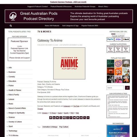 Gateway To Anime
Screenshot of the podcast listing on the Great Australian Pods website