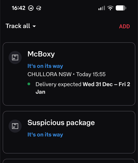 Two parcel tracking notices in the Australia Post Android app. The top one has been named "McBoxy"and the second one "suspicious package".