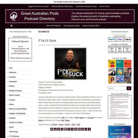 The F*ck Or Suck Podcast
Screenshot of the podcast listing on the Great Australian Pods website