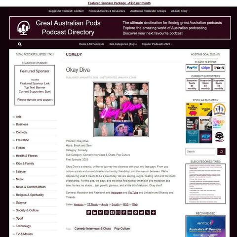 Okay Diva
Screenshot of the podcast listing on the Great Australian Pods website