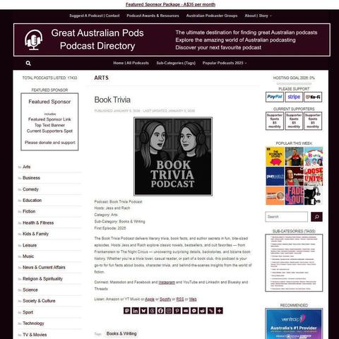 Book Trivia Podcast
Screenshot of the podcast listing on the Great Australian Pods website