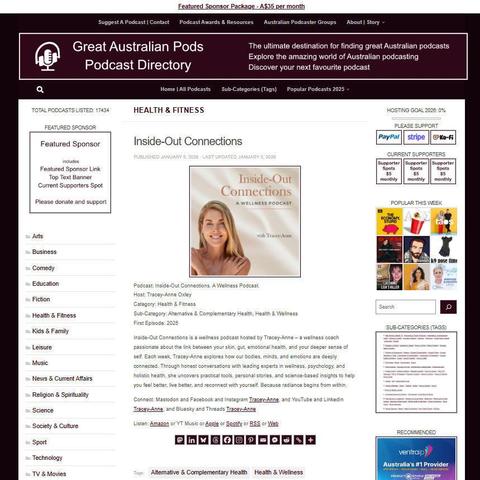 Inside-Out Connections. A Wellness Podcast.
Screenshot of the podcast listing on the Great Australian Pods website