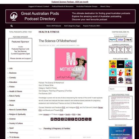 The Science Of Motherhood
Screenshot of the podcast listing on the Great Australian Pods website
