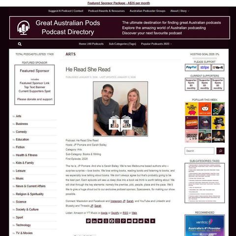 He Read She Read
Screenshot of the podcast listing on the Great Australian Pods website