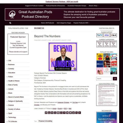 Beyond The Numbers With Christian Stevens
Screenshot of the podcast listing on the Great Australian Pods website