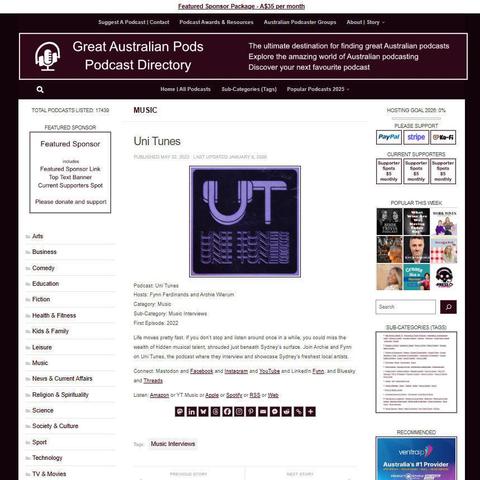 Uni Tunes
Screenshot of the podcast listing on the Great Australian Pods website