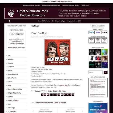 Feed Em Brah
Screenshot of the podcast listing on the Great Australian Pods website